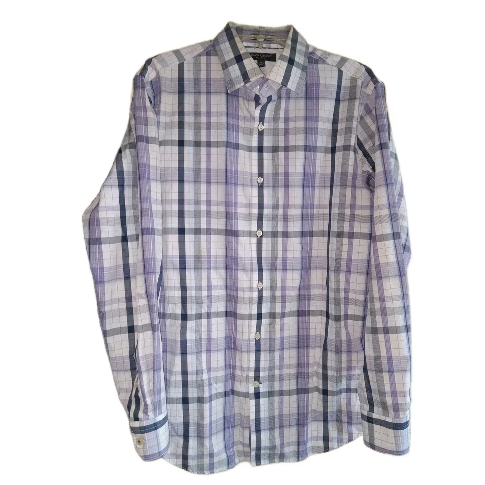BANANA REPUBLIC Camden Fit Cotton Purple Grey‎ Check Dress Shirt Medium Office